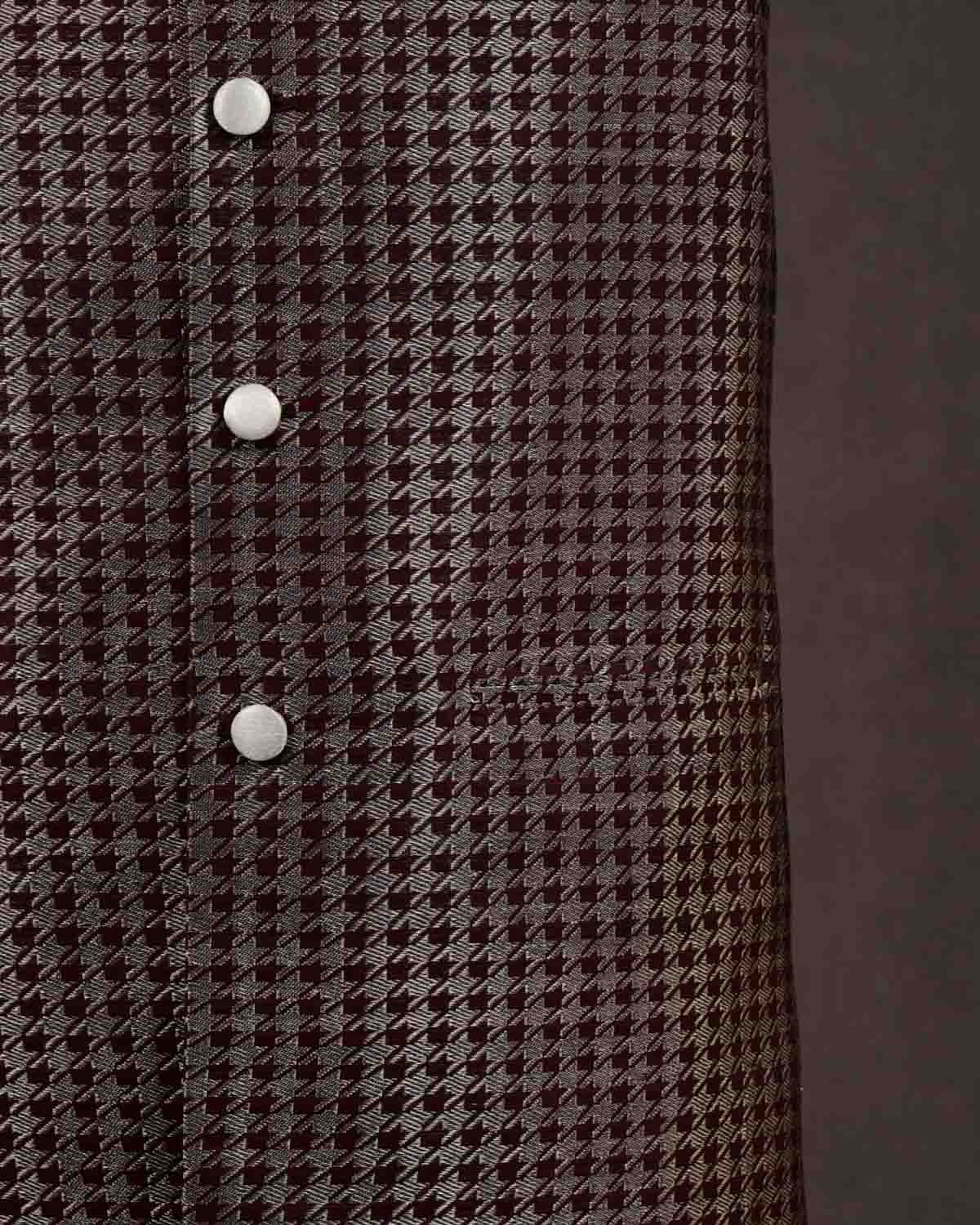 Mahogany Silver Zari Houndstooth Brocade Katan Silk Mens Modi Jacket-HolyWeaves