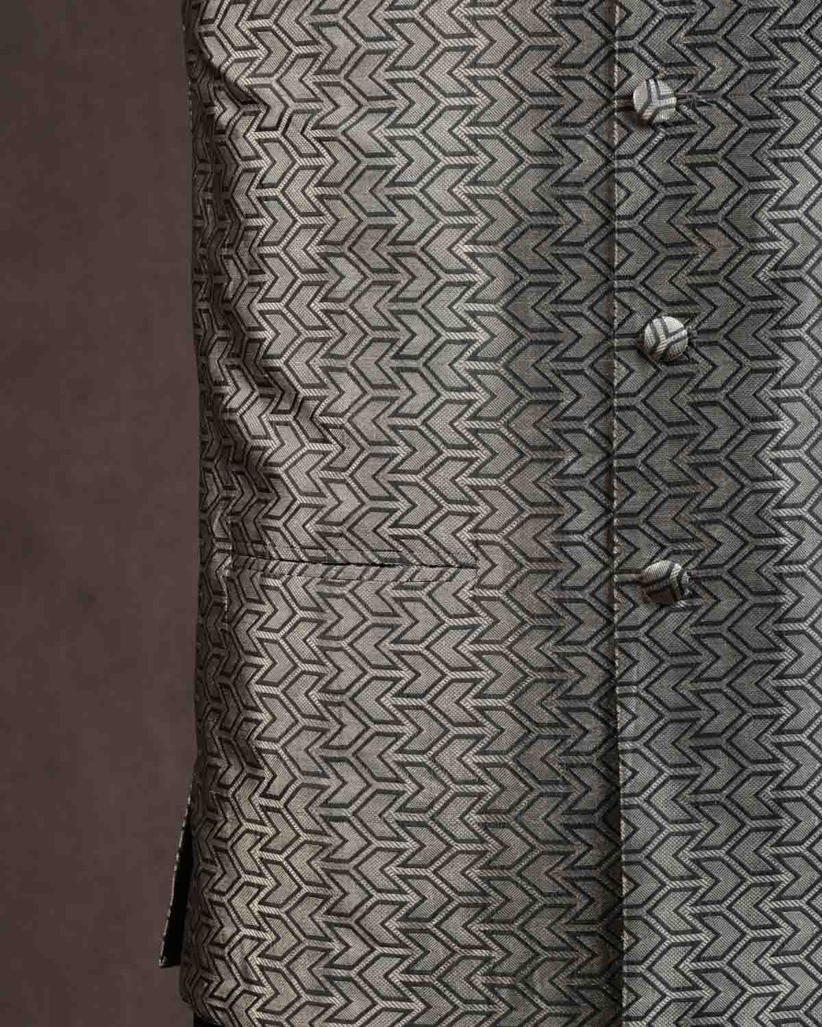 Metallic Gray Silver Zari Arrows Brocade Katan Silk Mens Modi Jacket-HolyWeaves