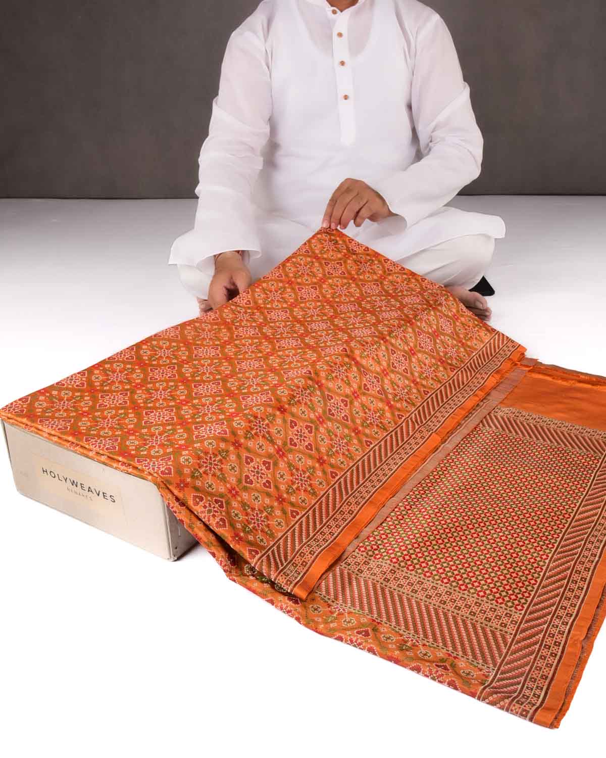 Orange Banarasi Tehra Patola Jamawar Handwoven Katan Silk Saree-HolyWeaves