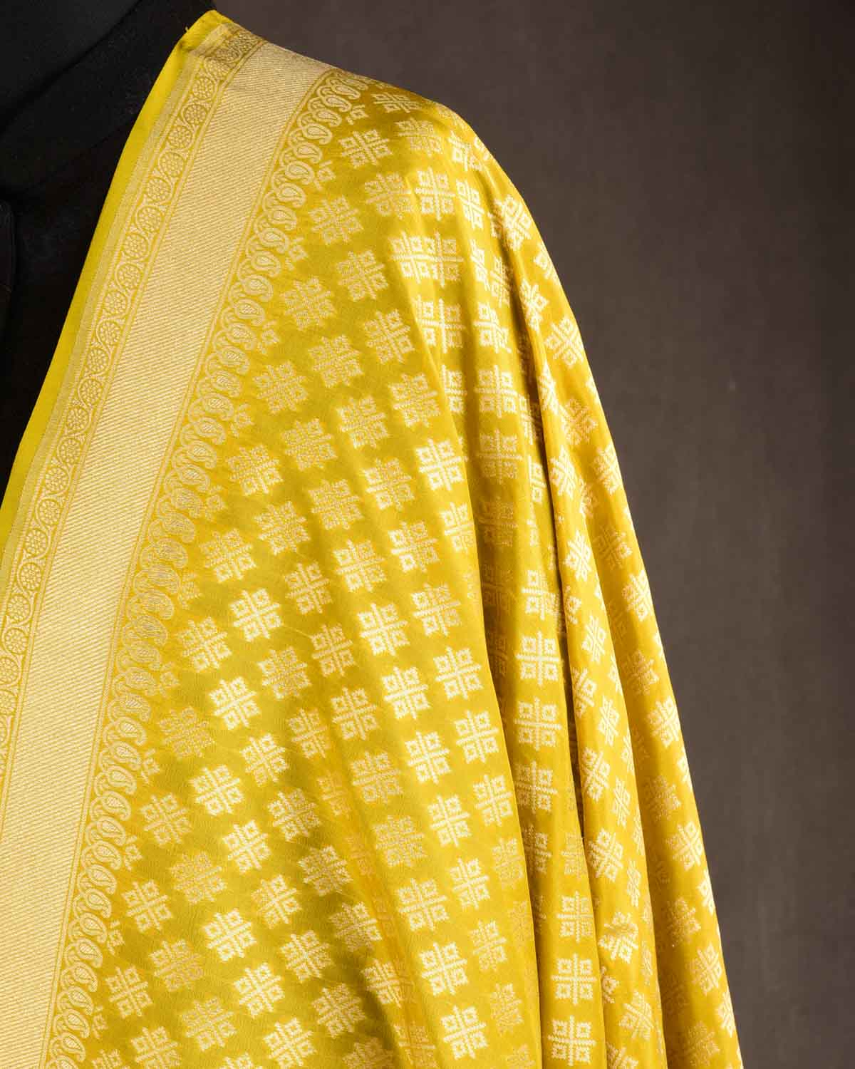 Lime Green Gold Zari Cutwork Brocade Handwoven Katan Georgette Banarasi Dupatta-HolyWeaves