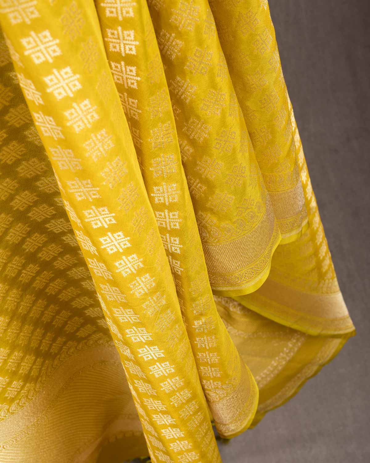 Lime Green Gold Zari Cutwork Brocade Handwoven Katan Georgette Banarasi Dupatta-HolyWeaves