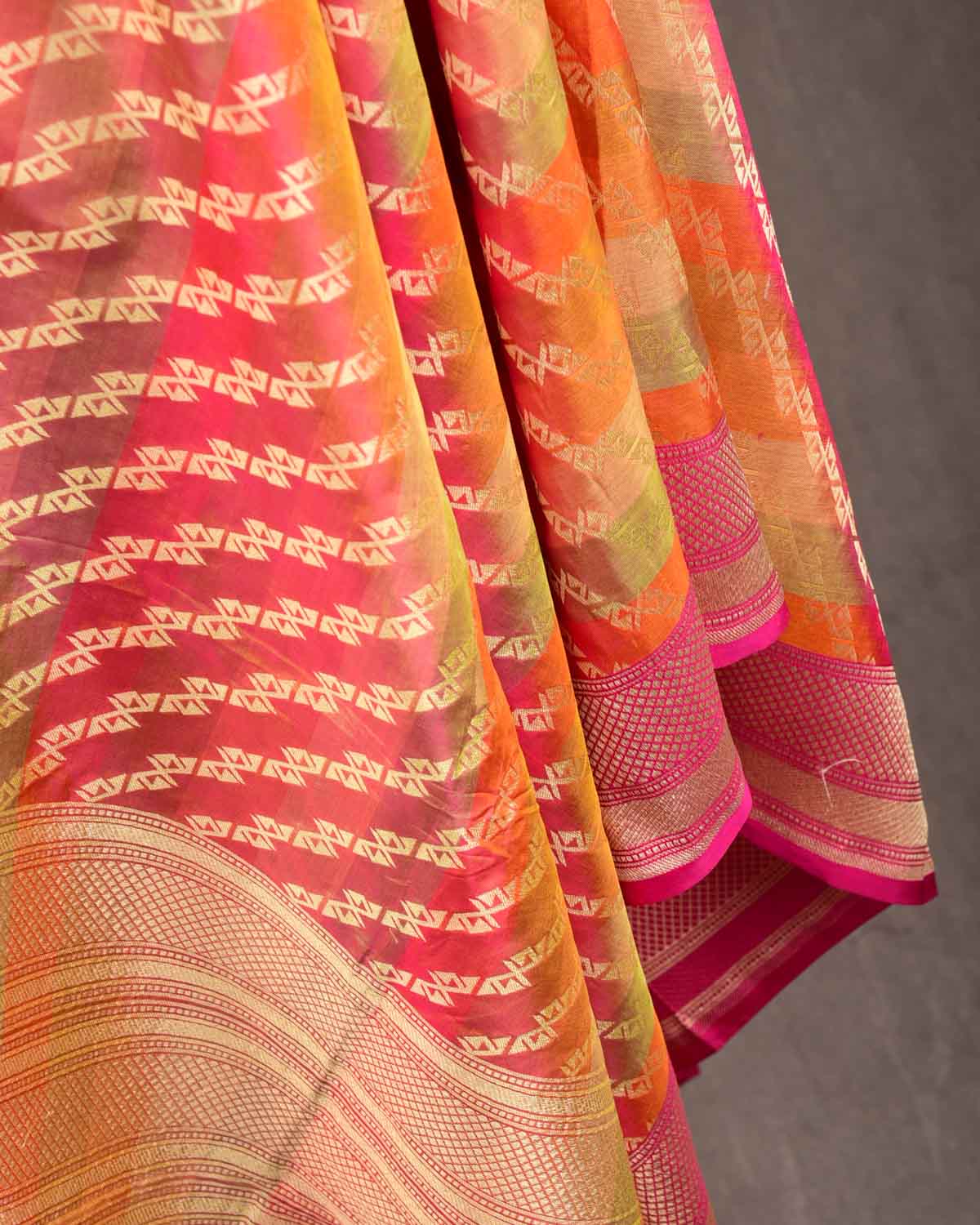 Striped Multi-color Gold Zari Cutwork Brocade Handwoven Katan Silk Banarasi Dupatta-HolyWeaves