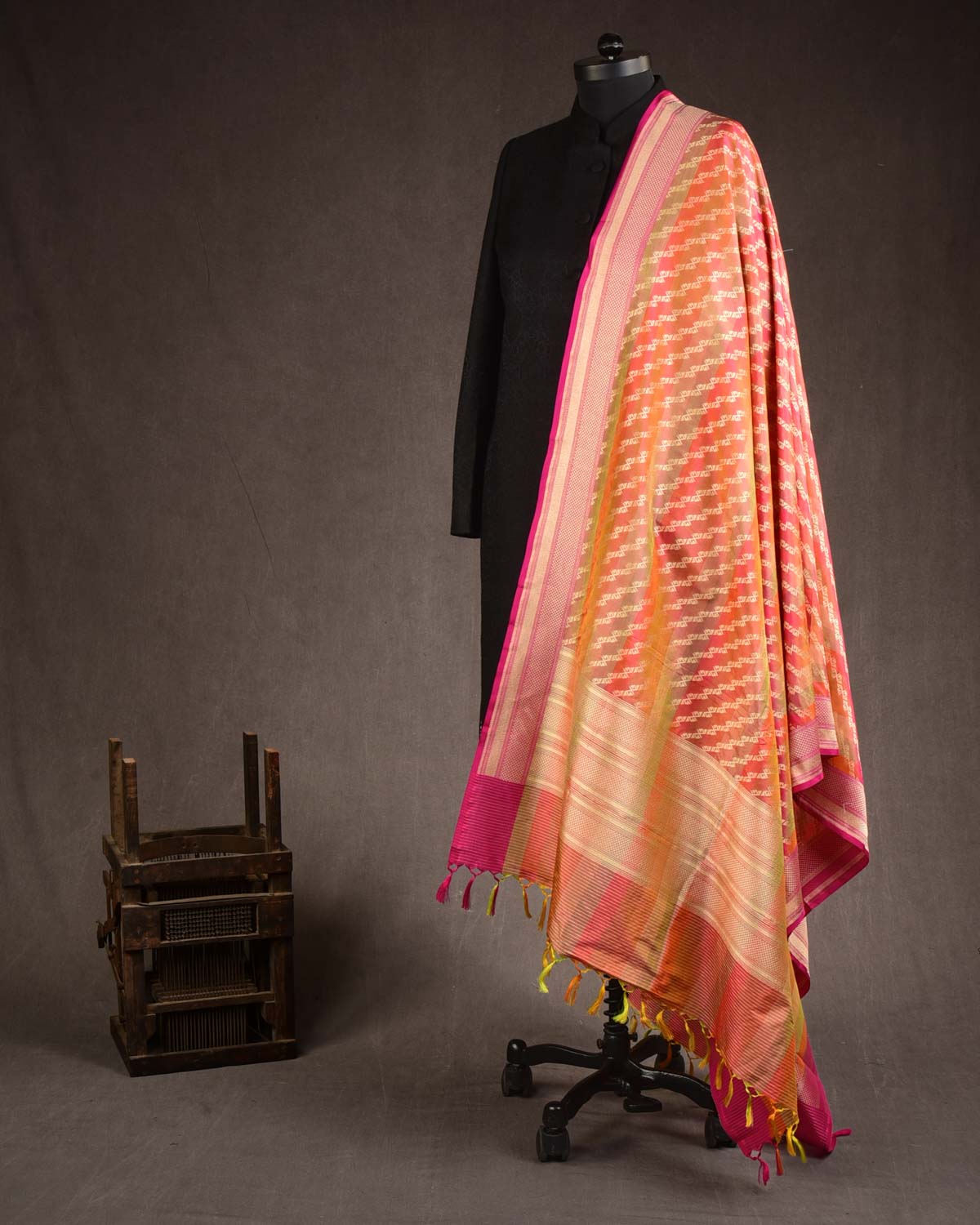 Striped Multi-color Gold Zari Cutwork Brocade Handwoven Katan Silk Banarasi Dupatta-HolyWeaves