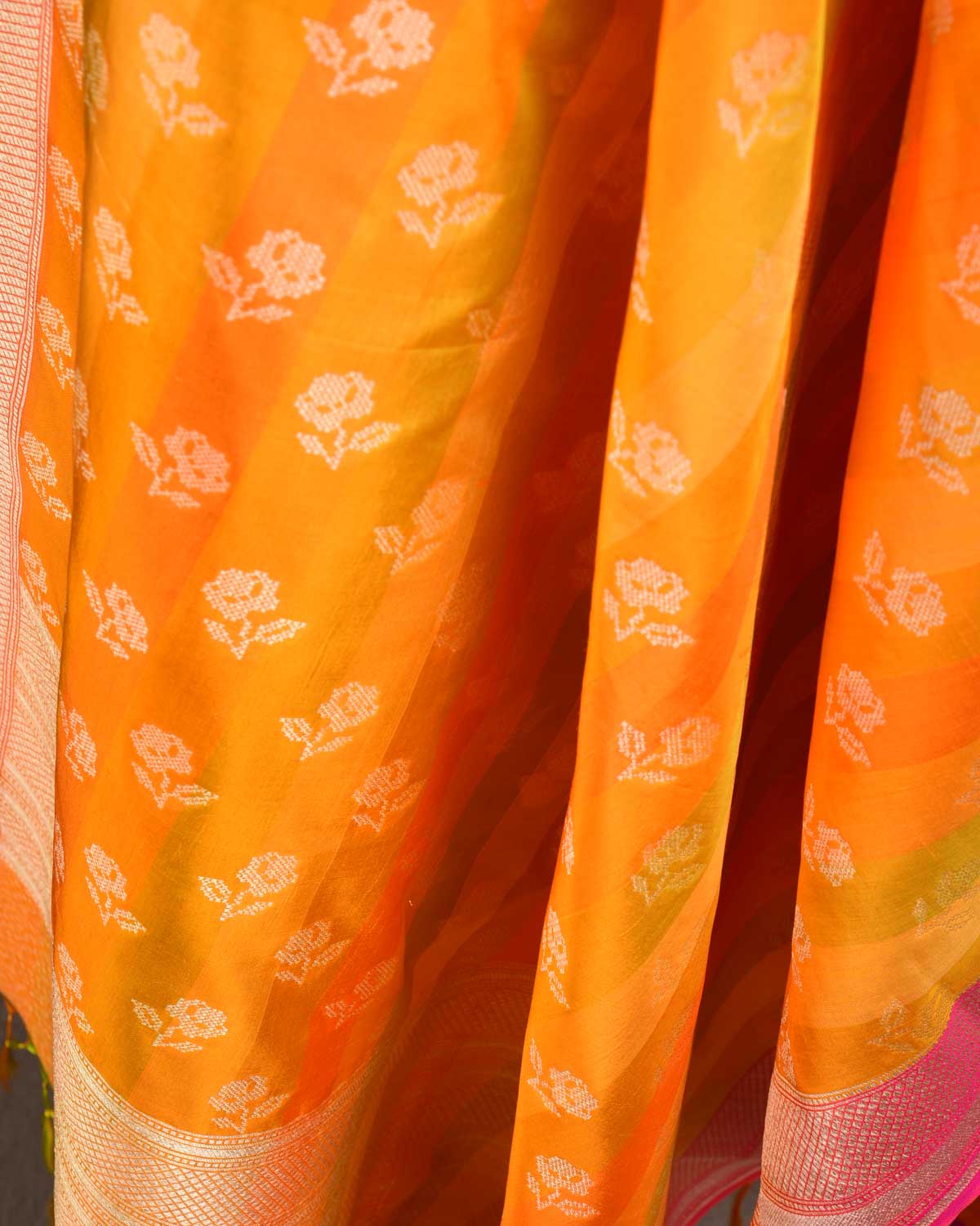 Striped Orange Gold Zari Gulab Buti Cutwork Brocade Handwoven Katan Silk Banarasi Dupatta-HolyWeaves