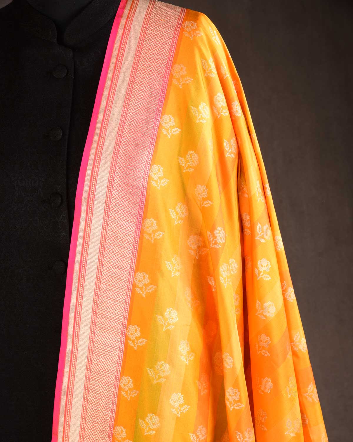 Striped Orange Gold Zari Gulab Buti Cutwork Brocade Handwoven Katan Silk Banarasi Dupatta-HolyWeaves