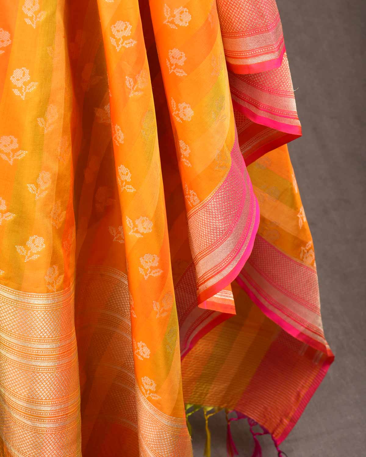 Striped Orange Gold Zari Gulab Buti Cutwork Brocade Handwoven Katan Silk Banarasi Dupatta-HolyWeaves