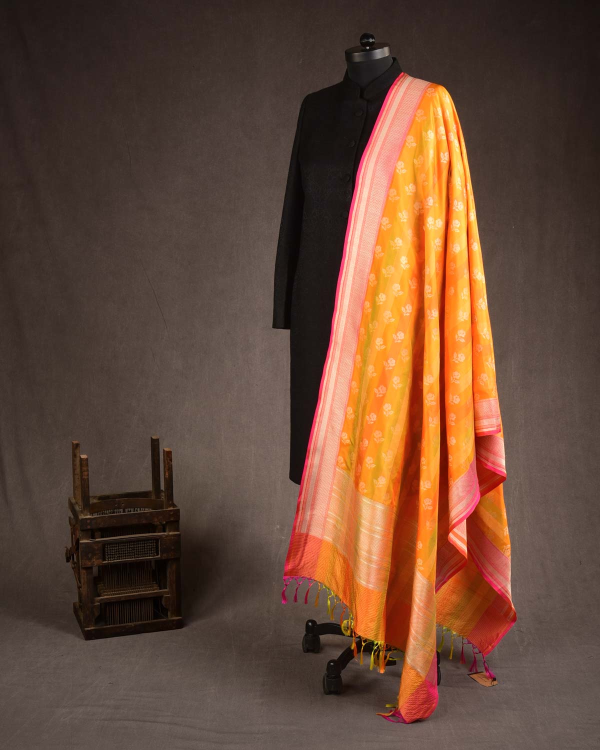 Striped Orange Gold Zari Gulab Buti Cutwork Brocade Handwoven Katan Silk Banarasi Dupatta-HolyWeaves