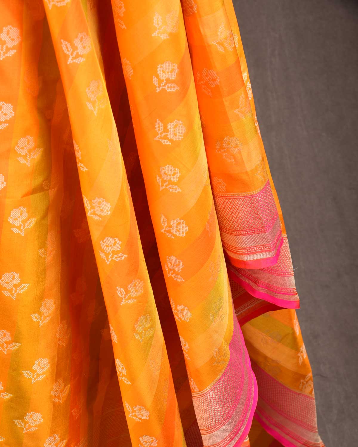 Striped Orange Gold Zari Gulab Buti Cutwork Brocade Handwoven Katan Silk Banarasi Dupatta-HolyWeaves