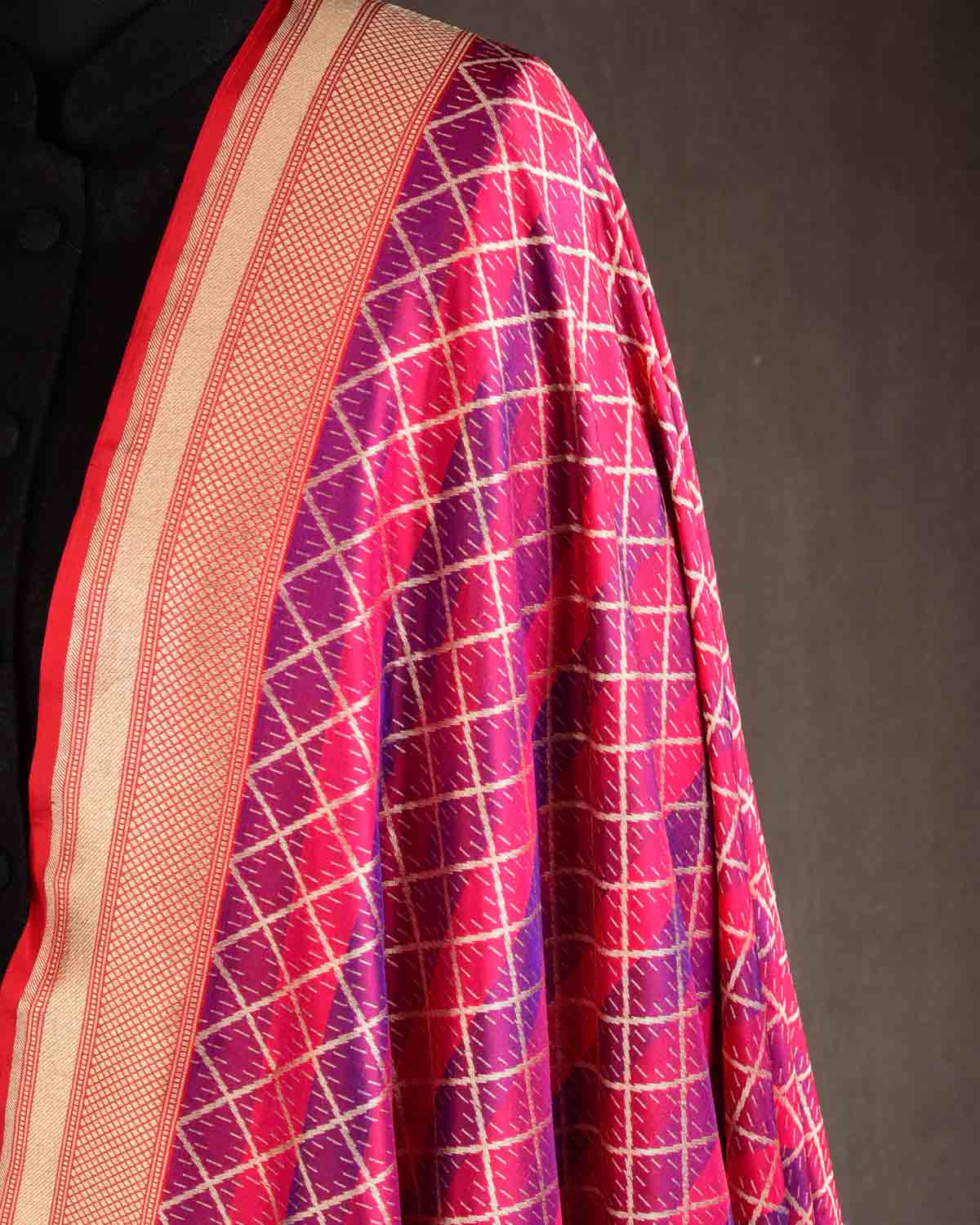 Striped Red Gold Zari Grids Cutwork Brocade Handwoven Katan Silk Banarasi Dupatta-HolyWeaves