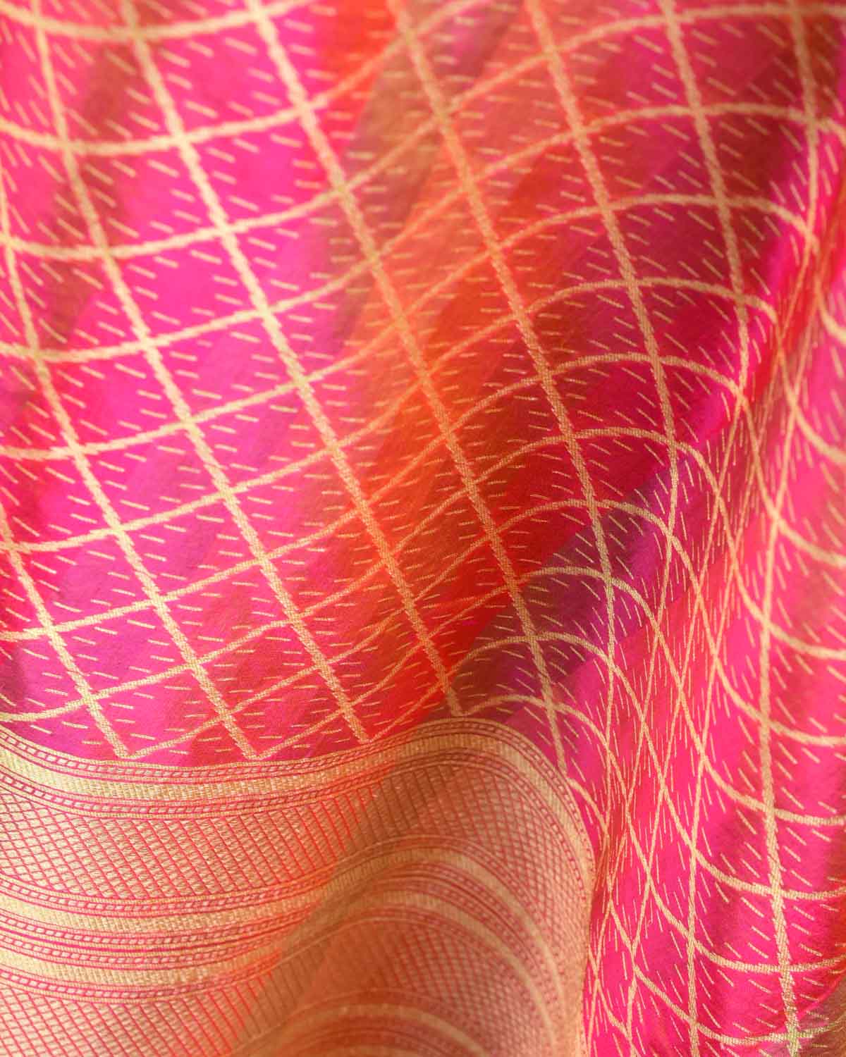 Striped Pink Gold Zari Grids Cutwork Brocade Handwoven Katan Silk Banarasi Dupatta-HolyWeaves