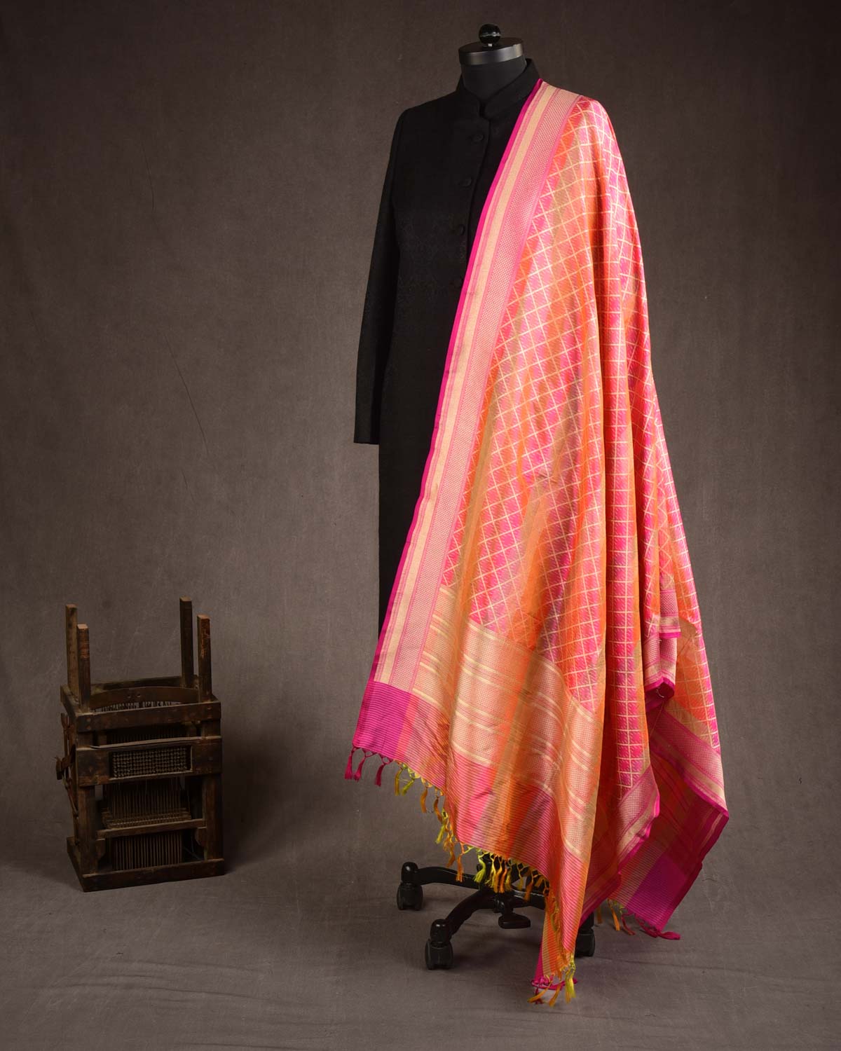 Striped Pink Gold Zari Grids Cutwork Brocade Handwoven Katan Silk Banarasi Dupatta-HolyWeaves