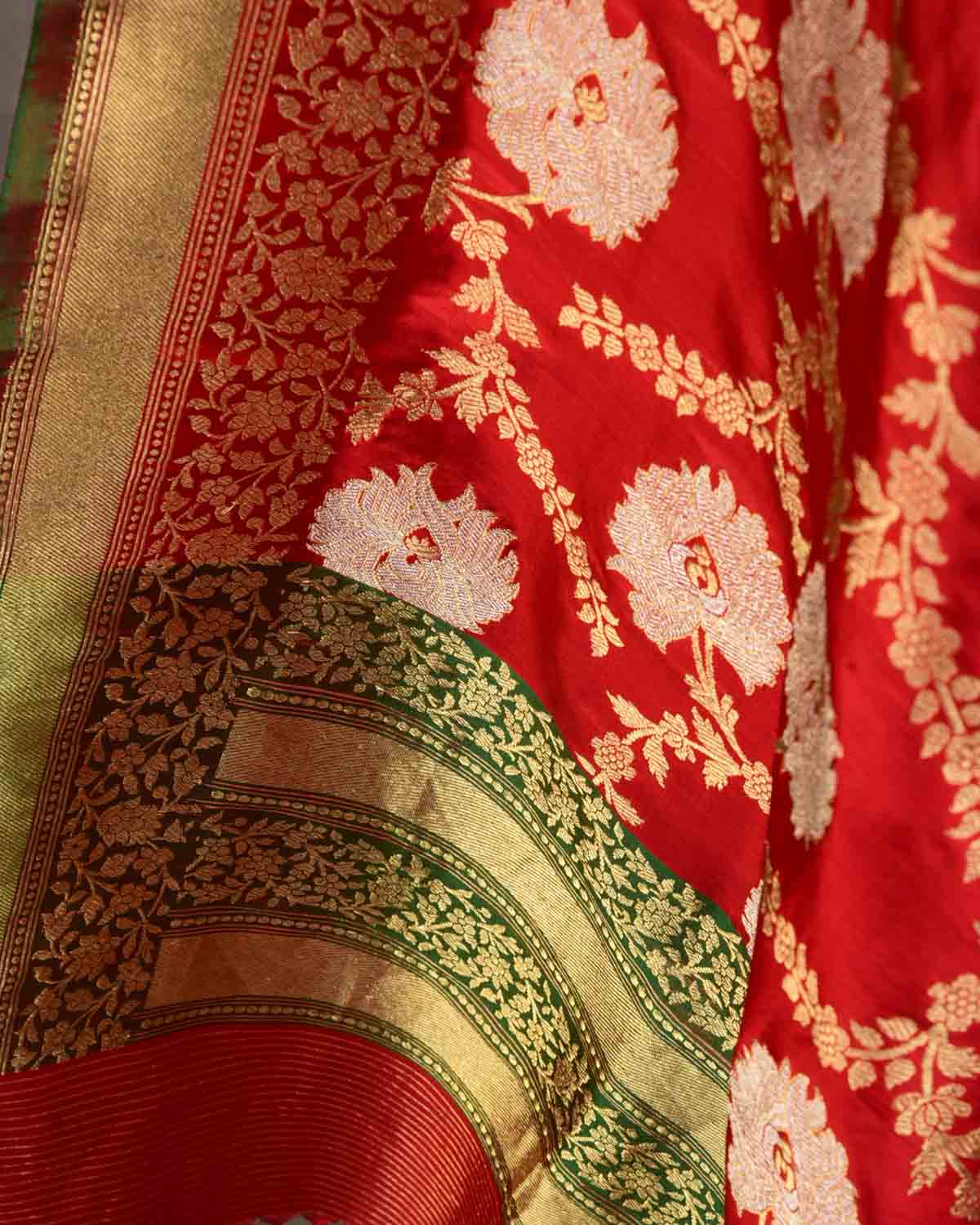 Red Gold & Silver Zari Kadhuan Brocade Handwoven Katan Silk Banarasi Dupatta-HolyWeaves