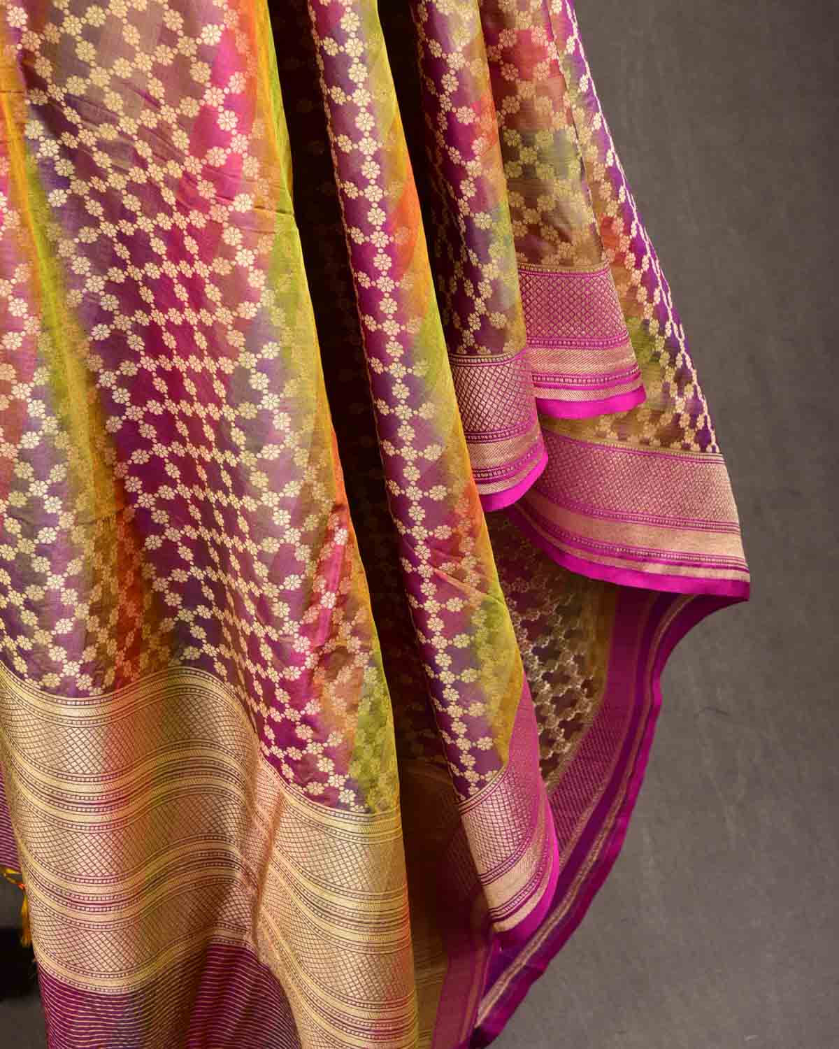 Striped Multi-color Gold Zari Jangla Cutwork Brocade Handwoven Katan Silk Banarasi Dupatta-HolyWeaves