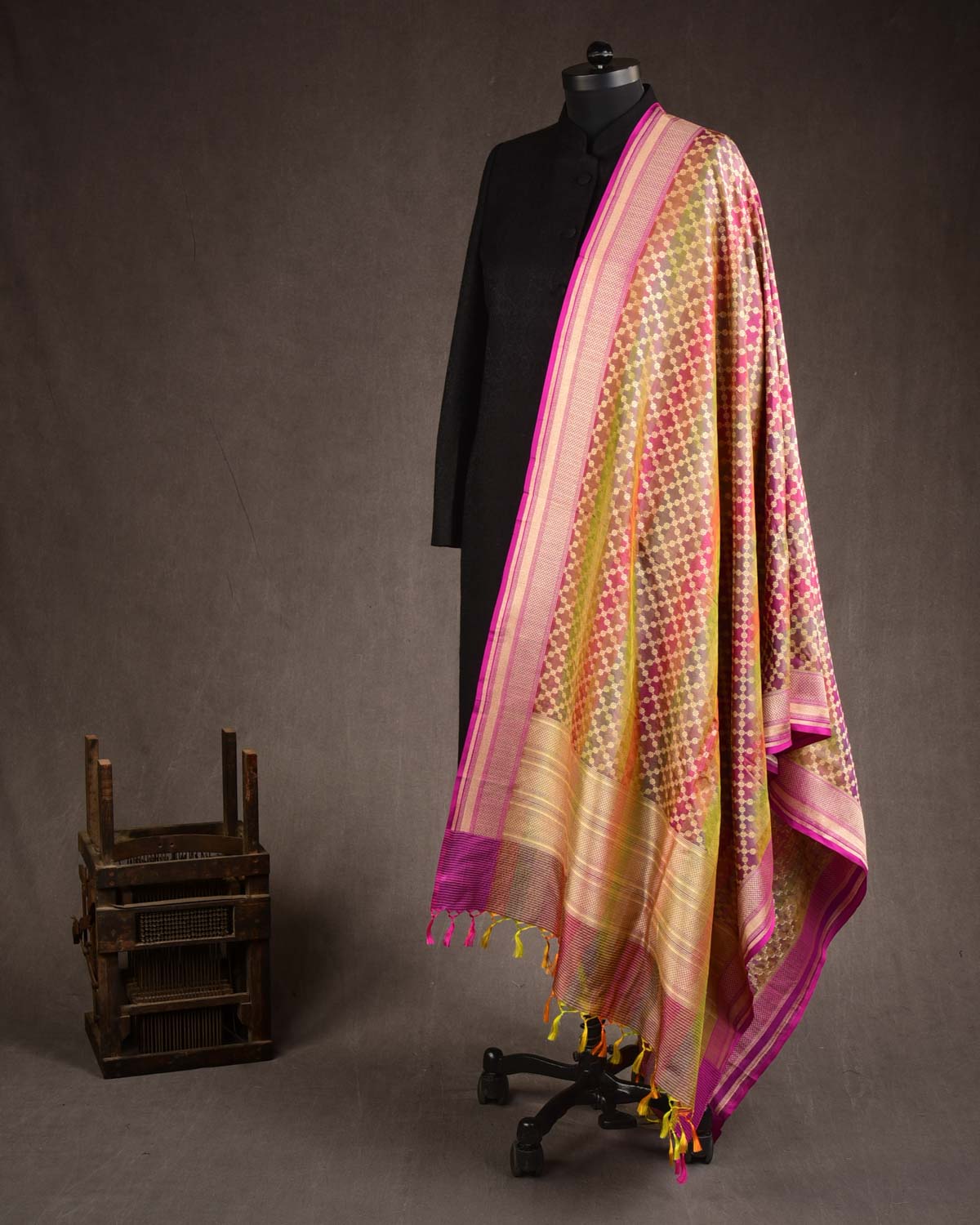 Striped Multi-color Gold Zari Jangla Cutwork Brocade Handwoven Katan Silk Banarasi Dupatta-HolyWeaves