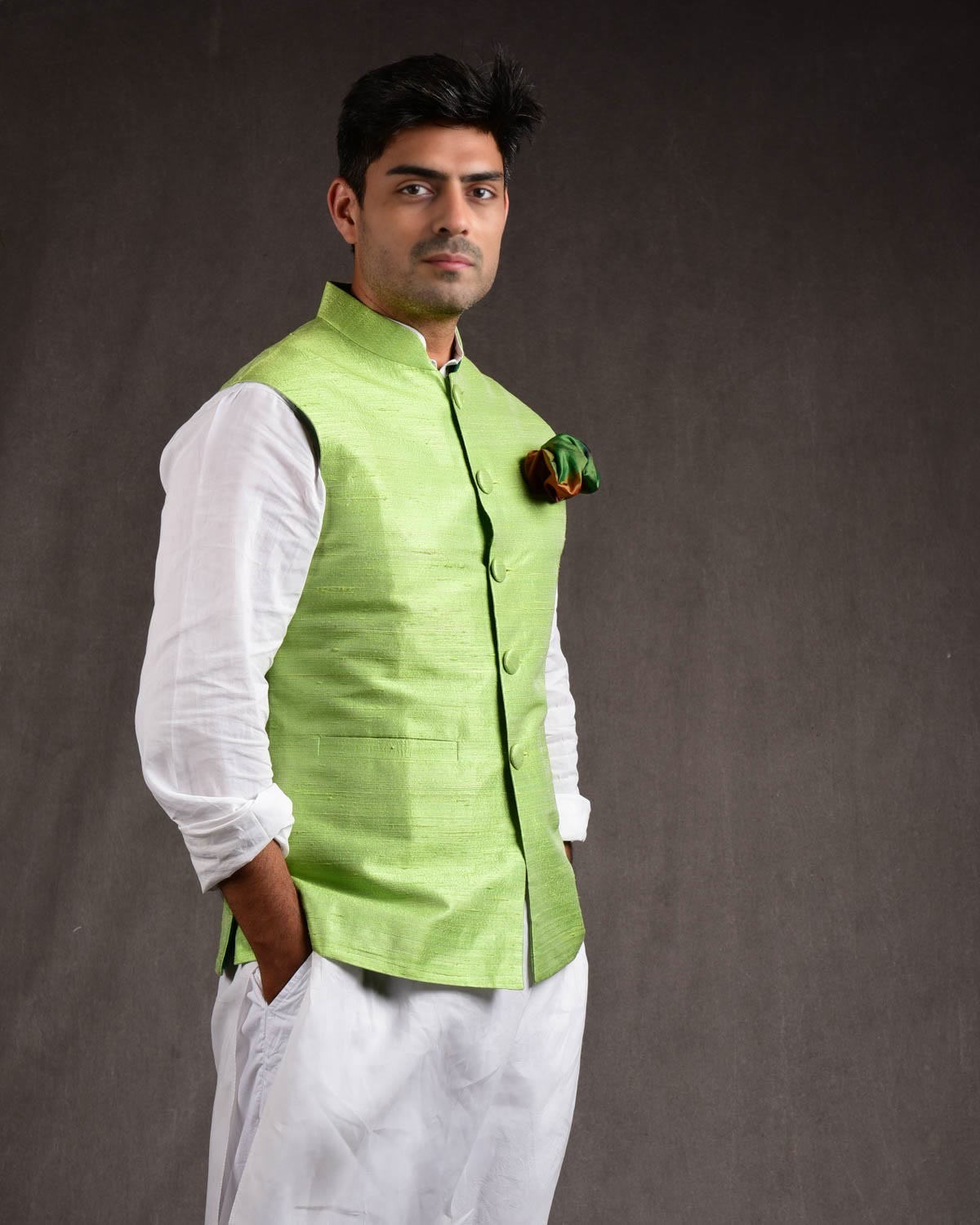 Green Raw Silk Slim Fit Mens Modi Jacket-HolyWeaves