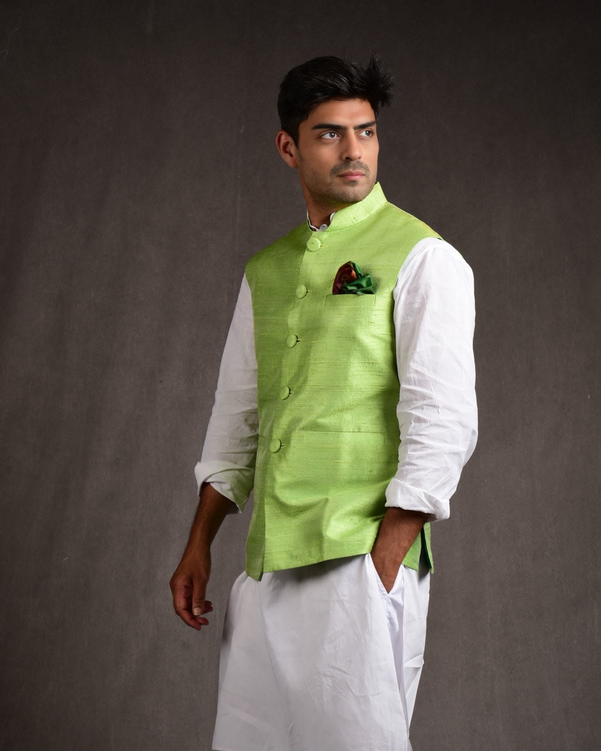 Green Raw Silk Slim Fit Mens Modi Jacket-HolyWeaves