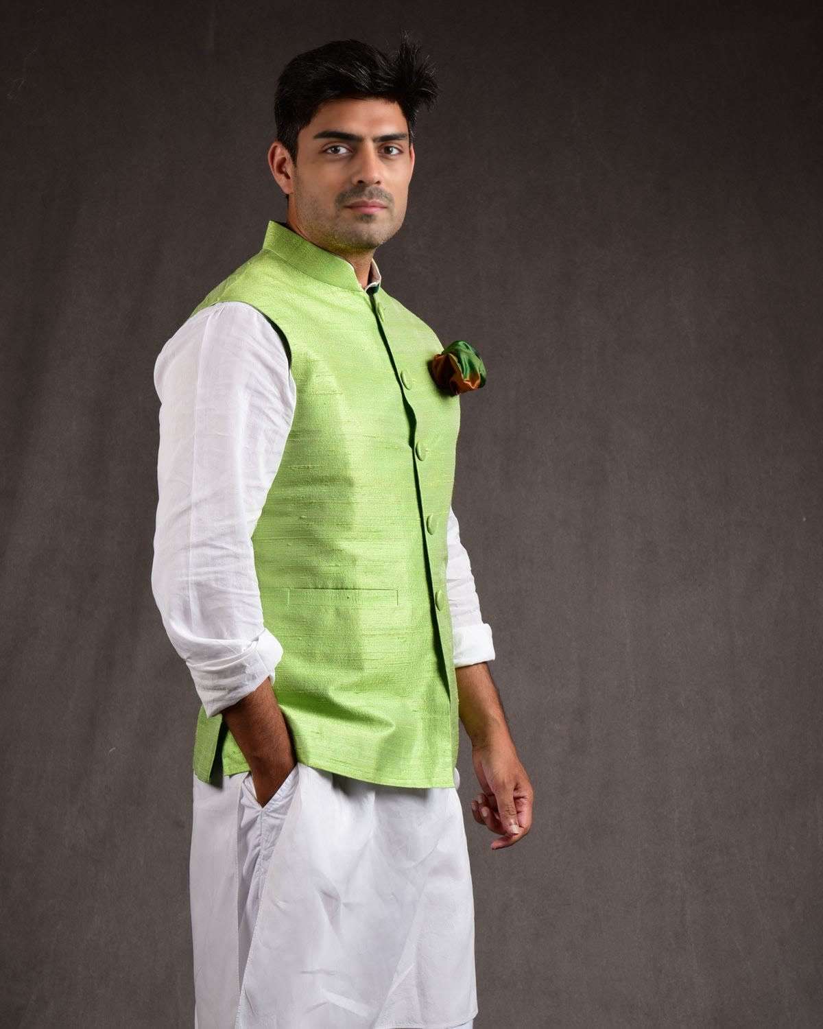 Green Raw Silk Slim Fit Mens Modi Jacket-HolyWeaves