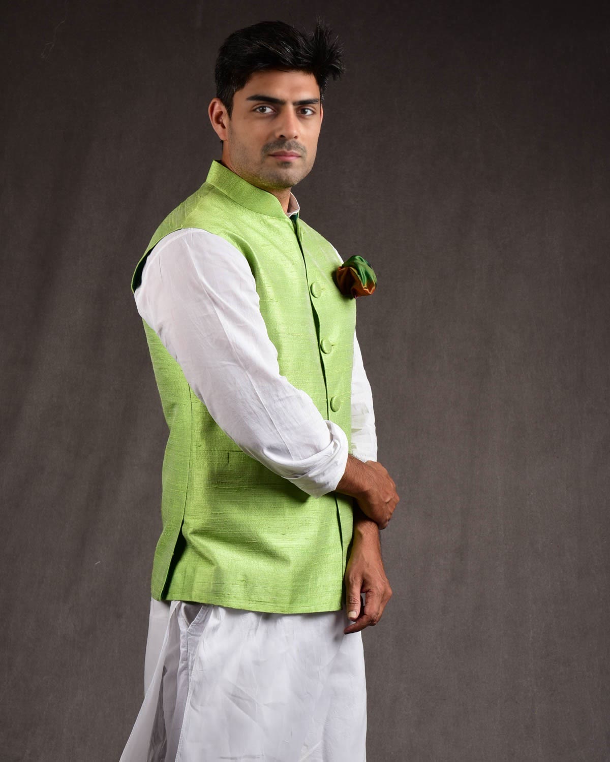 Green Raw Silk Slim Fit Mens Modi Jacket-HolyWeaves