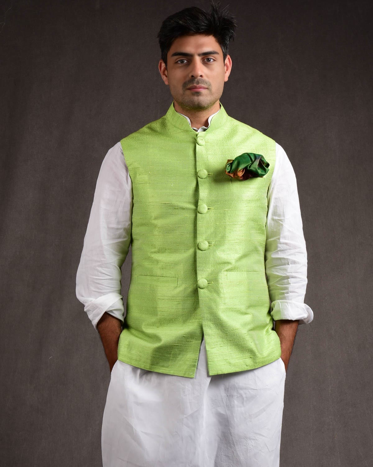 Green Raw Silk Slim Fit Mens Modi Jacket-HolyWeaves