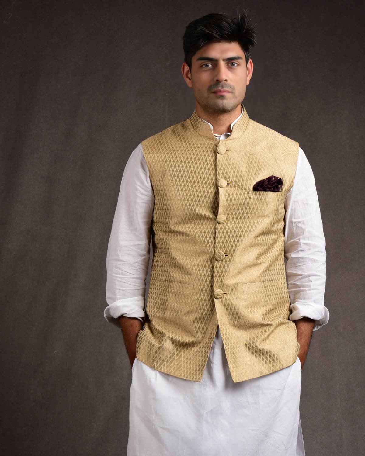 Beige Silk Brocade Slim Fit Mens Modi Jacket-HolyWeaves