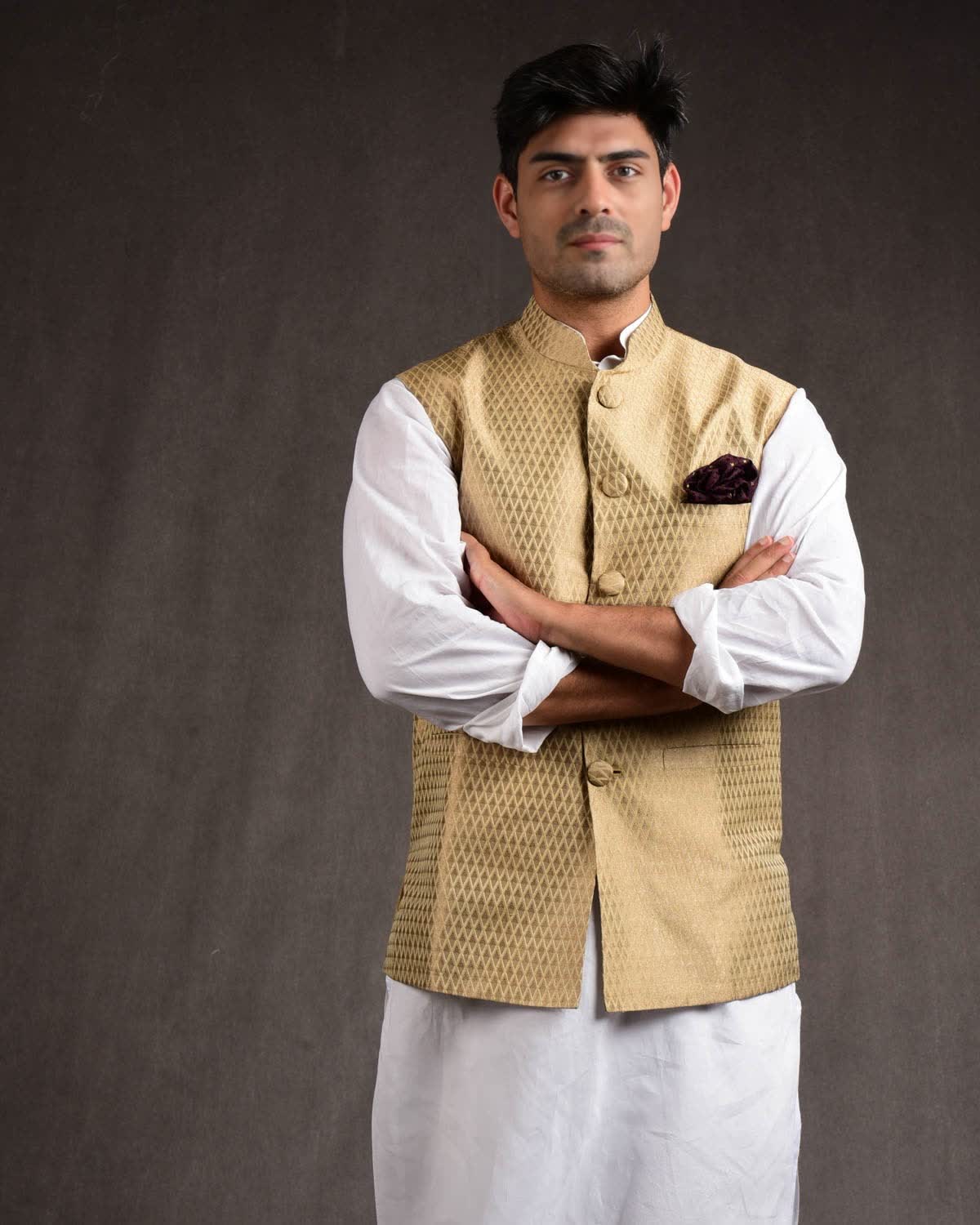 Beige Silk Brocade Slim Fit Mens Modi Jacket-HolyWeaves