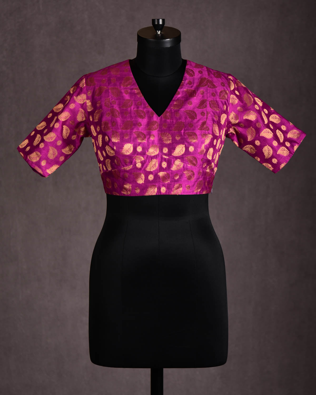 Magenta Golden Leaves Brocade V-Neck Dupion Silk Blouse-HolyWeaves