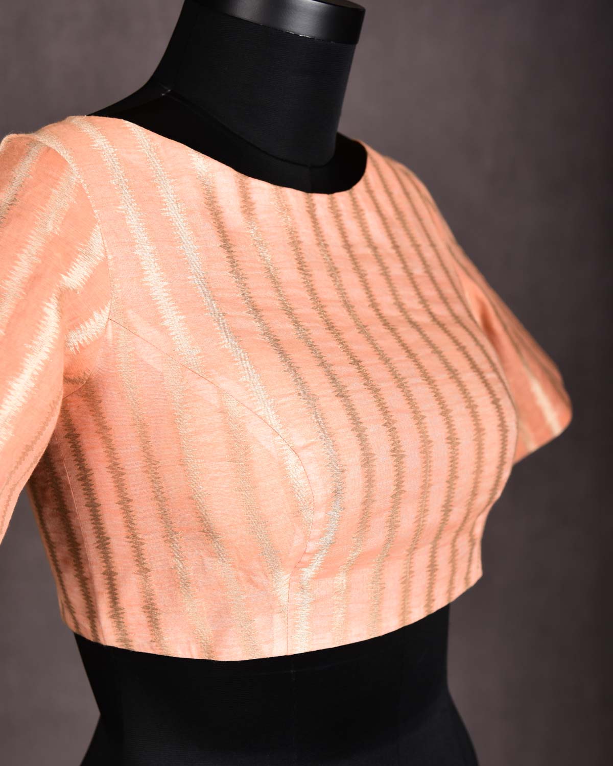 Peach Gold Zari Brocade Princess-Cut Boat-Neck Cotton Silk Blouse-HolyWeaves