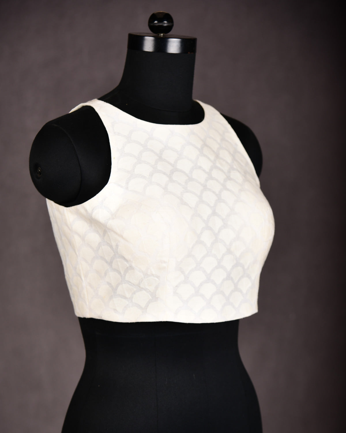 Cream Brocade Handwoven Princess-Cut Boat-Neck Cotton Silk Sleeveless Blouse-HolyWeaves