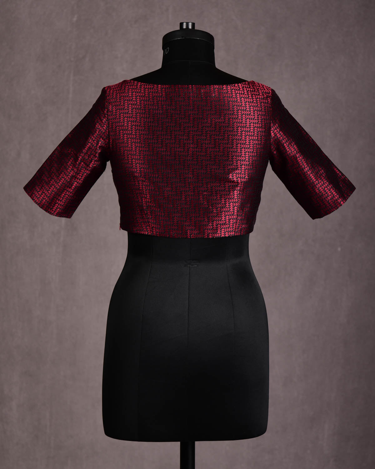 Red-Black Labyrinth Triangles Boat-Neck Princess-Cut Silk Tanchoi Blouse-HolyWeaves