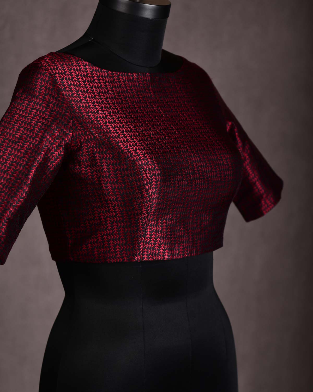 Red-Black Labyrinth Triangles Boat-Neck Princess-Cut Silk Tanchoi Blouse-HolyWeaves