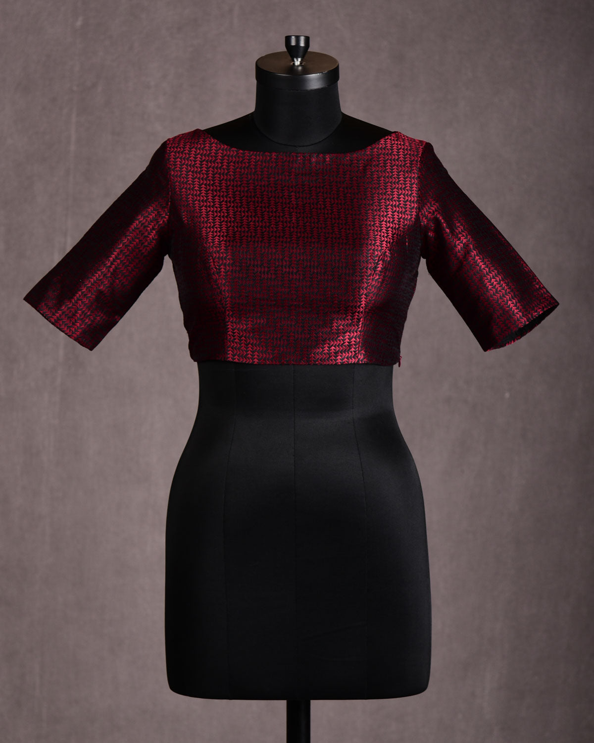 Red-Black Labyrinth Triangles Boat-Neck Princess-Cut Silk Tanchoi Blouse-HolyWeaves