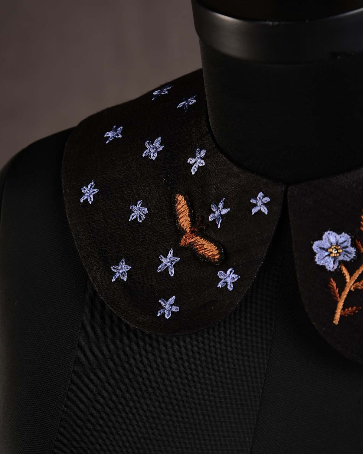 Black Phool & Titli Hand-embroidered Raw Silk Detachable Peter Pan Collar-HolyWeaves