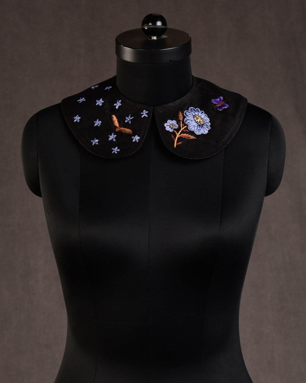 Black Phool & Titli Hand-embroidered Raw Silk Detachable Peter Pan Collar-HolyWeaves