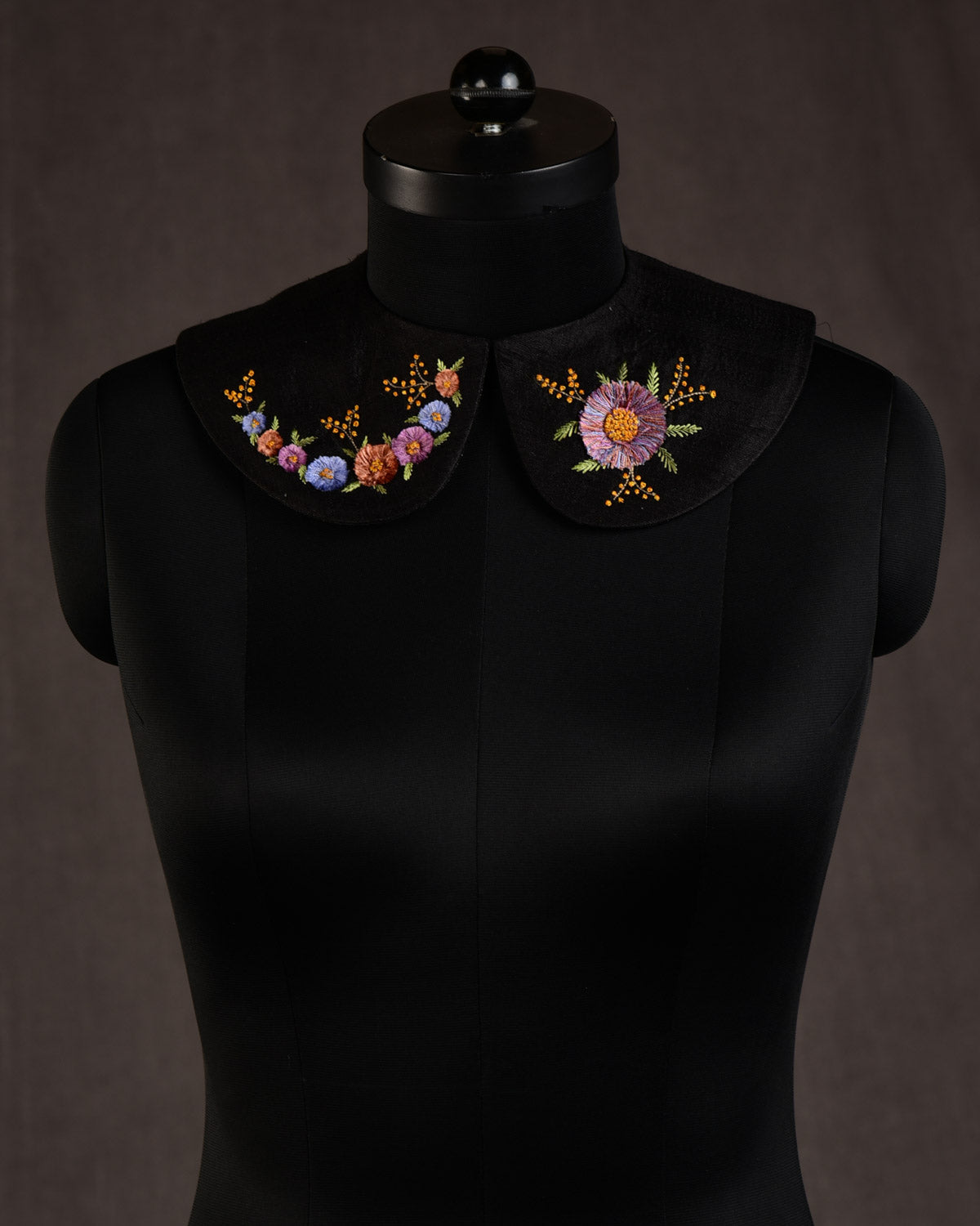 Black Velvet Flowers Hand-embroidered Raw Silk Detachable Peter Pan Collar-HolyWeaves