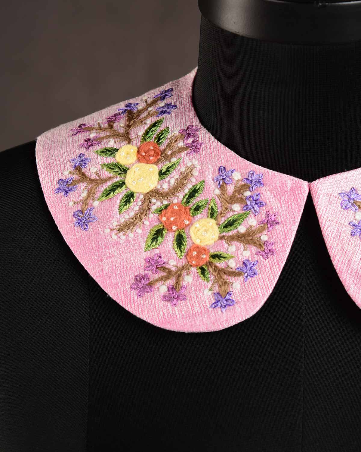 Pink Flowers & Butterflies Hand-embroidered Raw Silk Detachable Peter Pan Collar-HolyWeaves