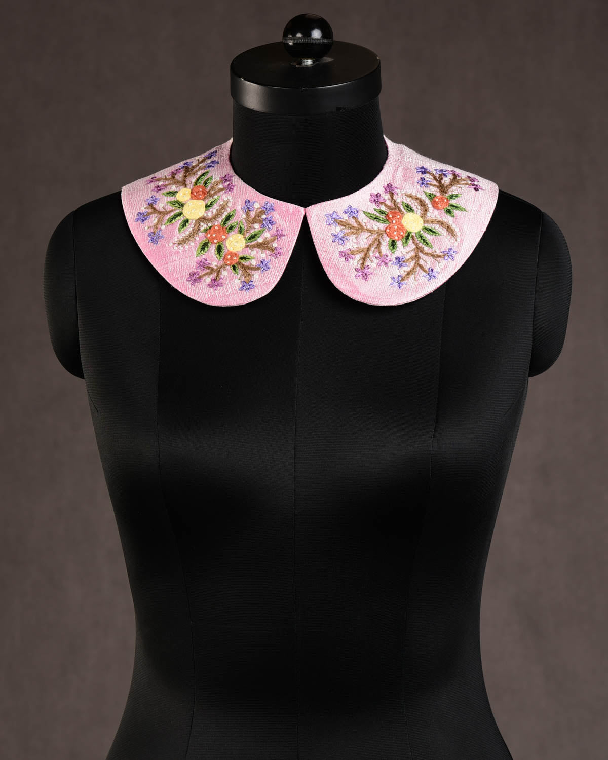 Pink Flowers & Butterflies Hand-embroidered Raw Silk Detachable Peter Pan Collar-HolyWeaves