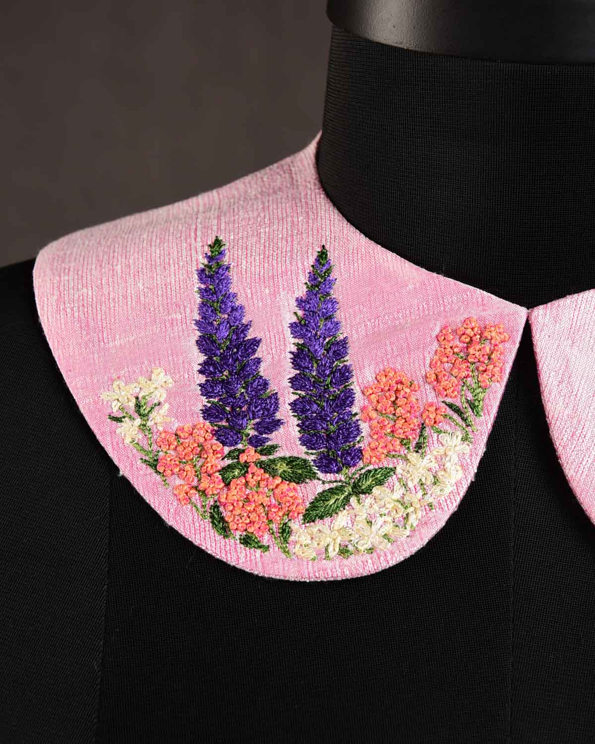 Pink Floral Hand-embroidered Raw Silk Detachable Peter Pan Collar-HolyWeaves