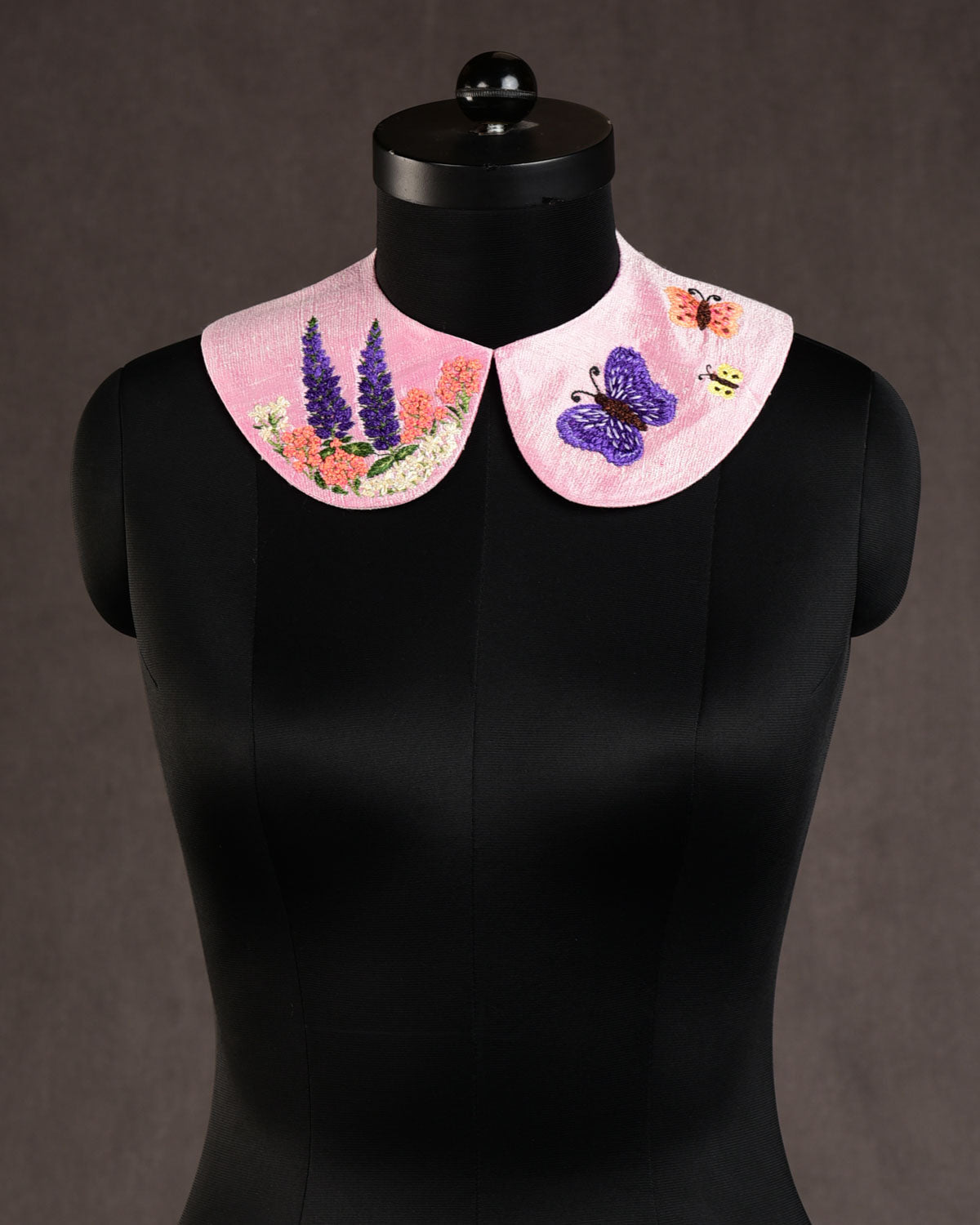 Pink Floral Hand-embroidered Raw Silk Detachable Peter Pan Collar-HolyWeaves