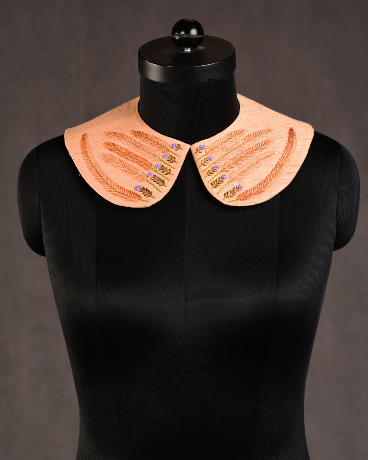 Peach Fern Leaves Hand-embroidered Raw Silk Detachable Peter Pan Collar-HolyWeaves