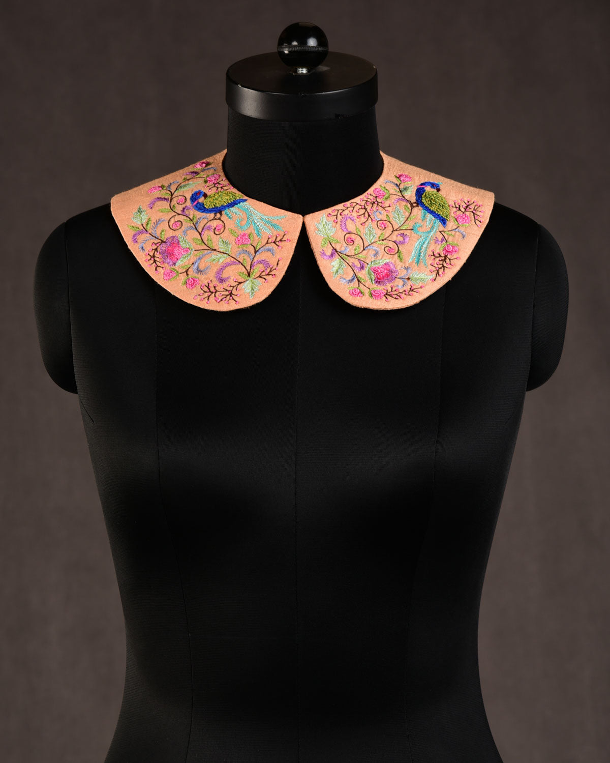 Peach Peacocks & Flowers Hand-embroidered Raw Silk Detachable Peter Pan Collar-HolyWeaves