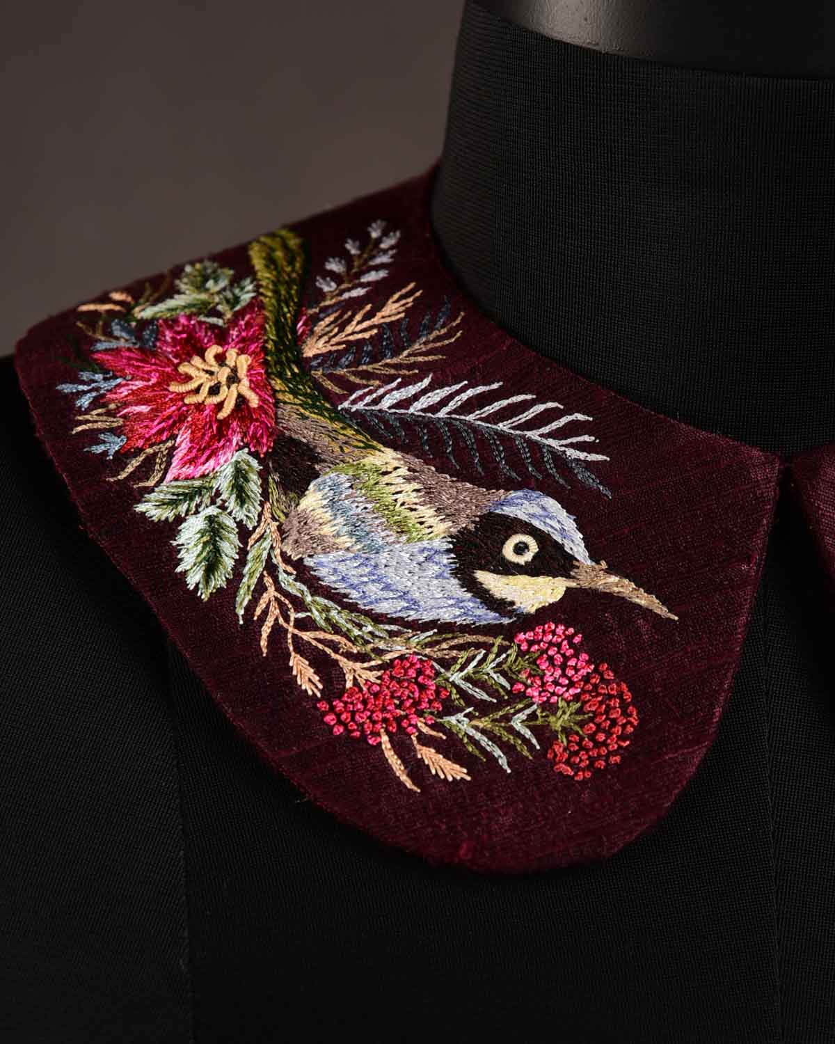 Mahogany Birds & Flowers Hand-embroidered Raw Silk Detachable Peter Pan Collar-HolyWeaves