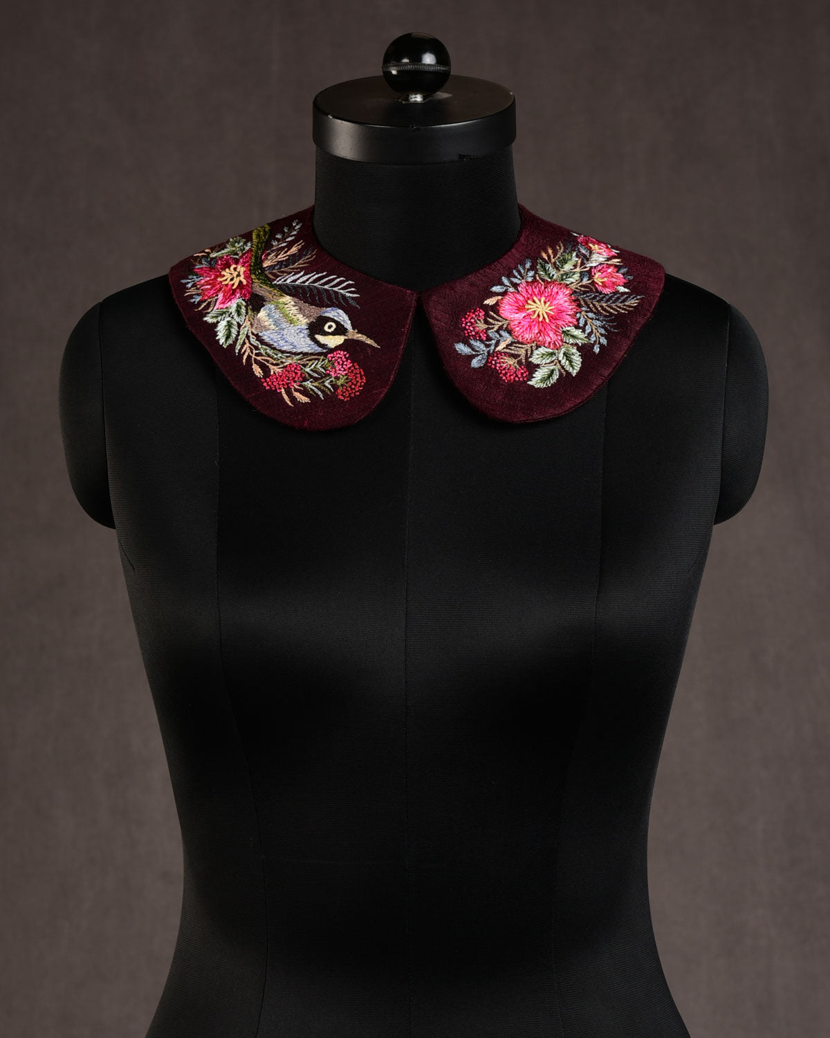 Mahogany Birds & Flowers Hand-embroidered Raw Silk Detachable Peter Pan Collar-HolyWeaves