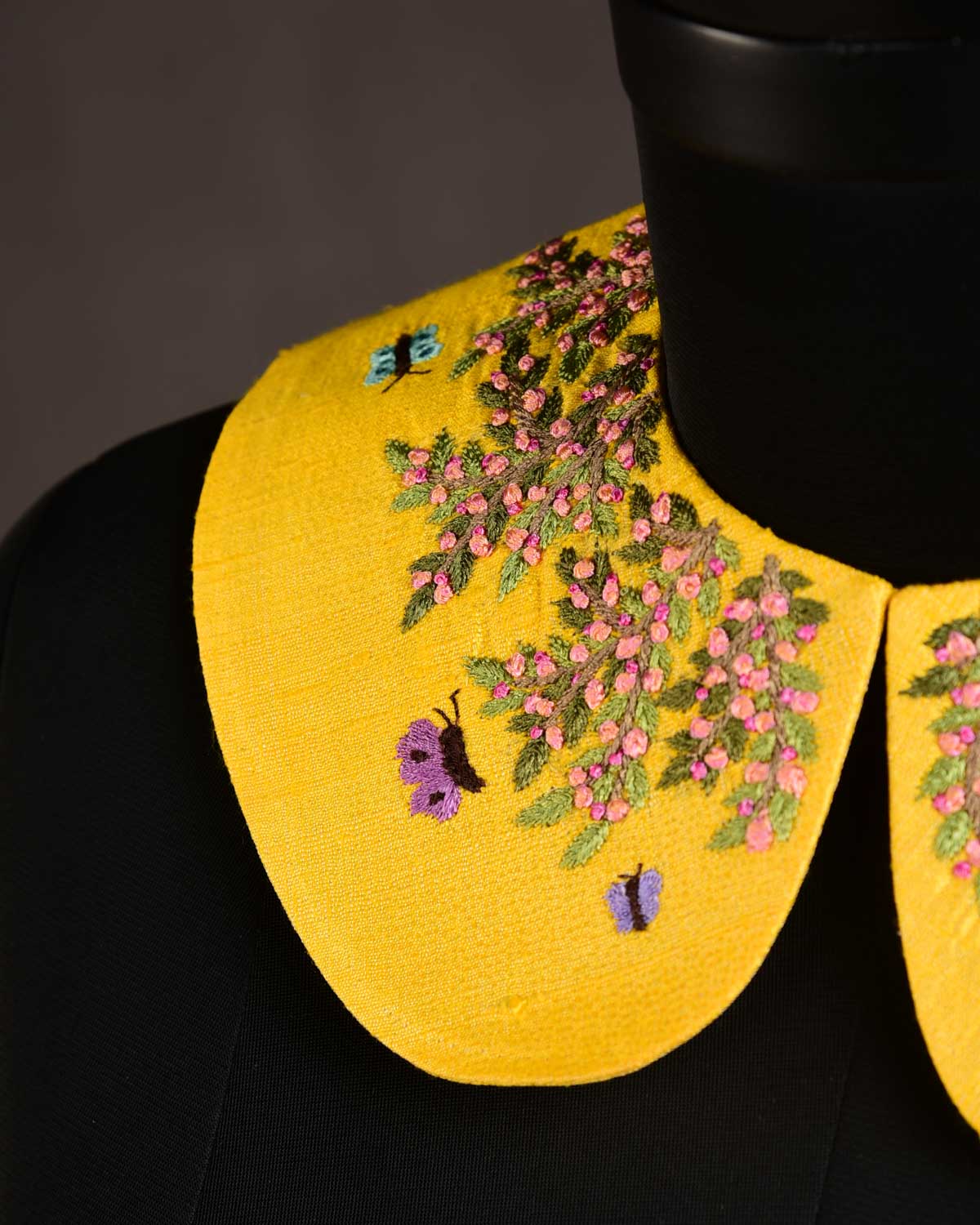 Yellow Flowers & Butterflies Hand-embroidered Raw Silk Detachable Peter Pan Collar-HolyWeaves