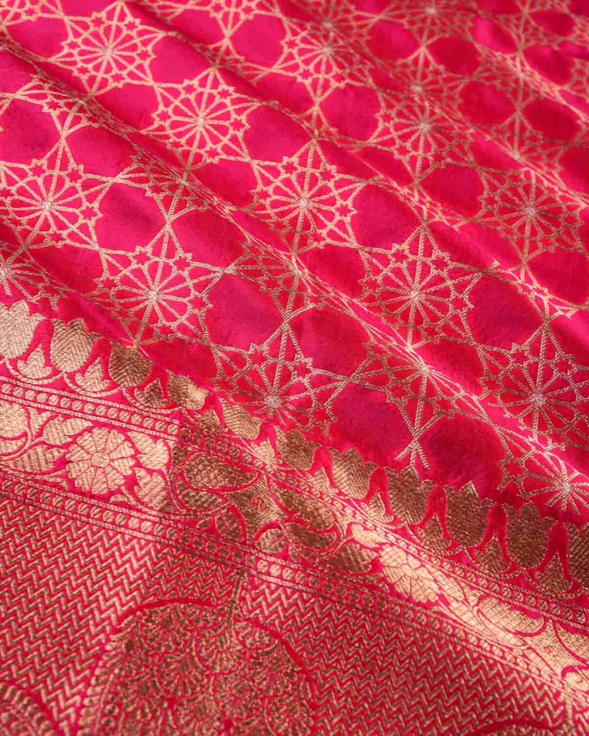 Shot Pink-Red Banarasi Gold & Silver Zari Alfi Geomentric Flowers Cutwork Brocade Handwoven Katan Silk Dupatta-HolyWeaves