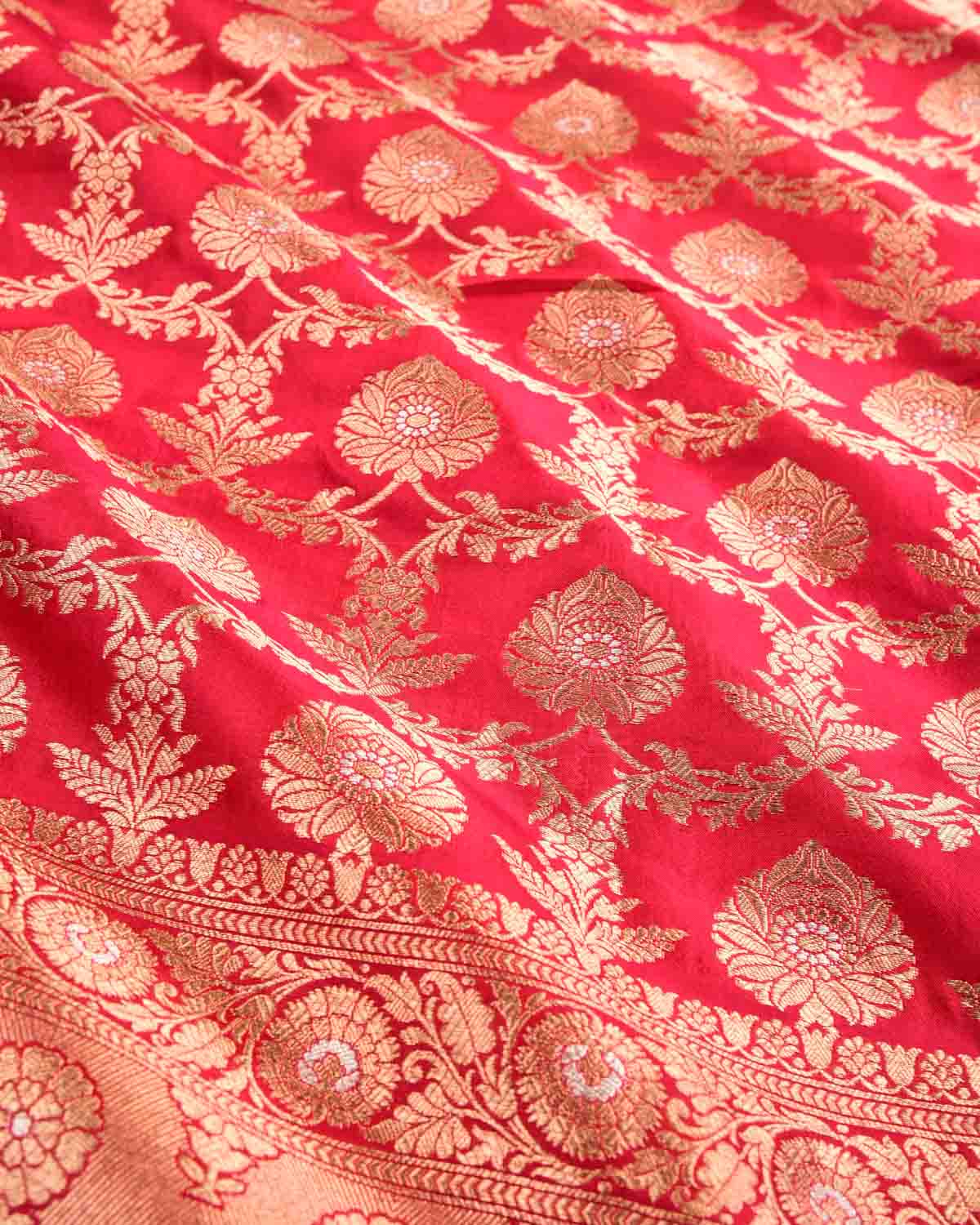 Red Banarasi Alfi Gold & Silver Zari Floral Jaal Cutwork Brocade Handwoven Katan Silk Dupatta-HolyWeaves