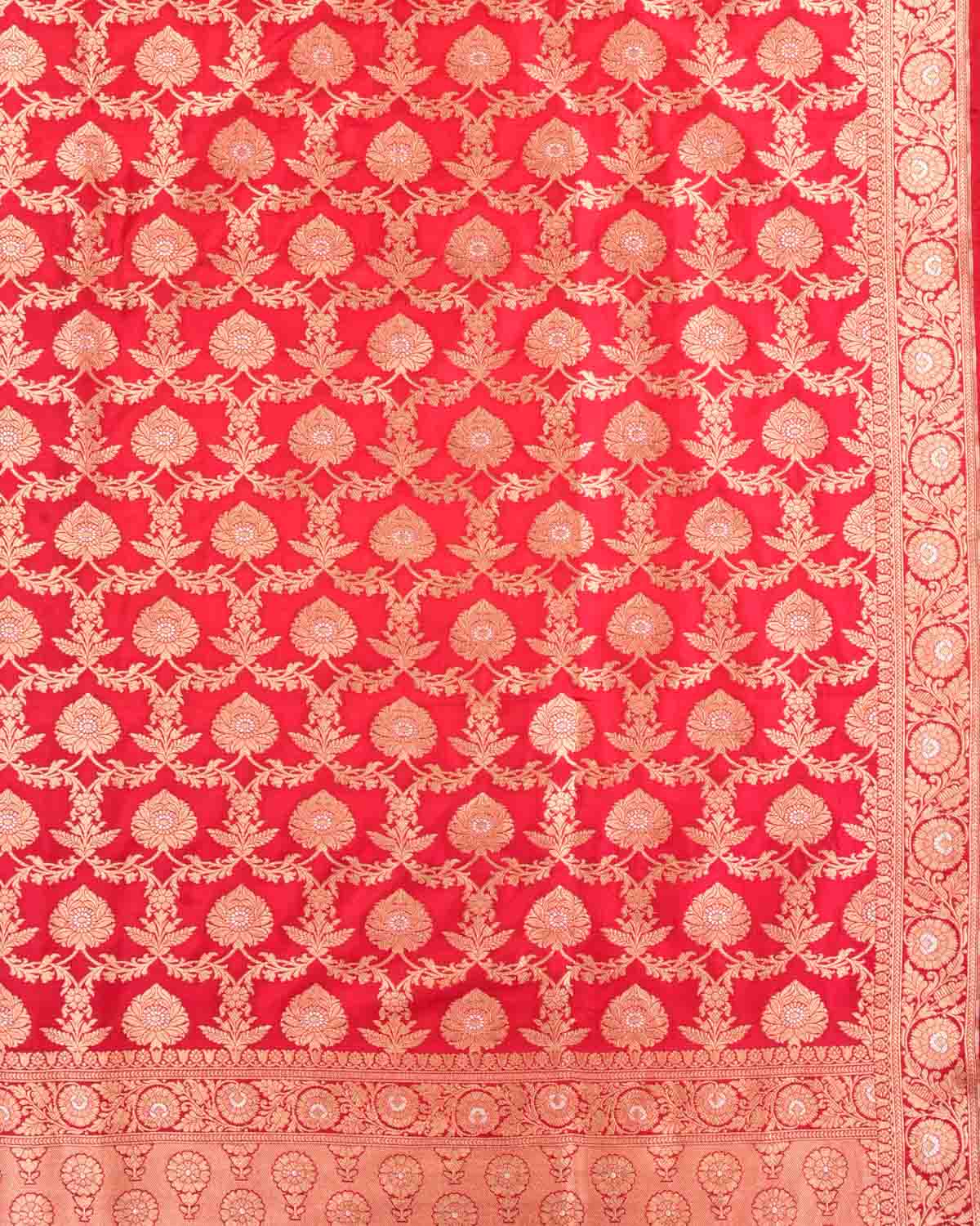 Red Banarasi Alfi Gold & Silver Zari Floral Jaal Cutwork Brocade Handwoven Katan Silk Dupatta-HolyWeaves