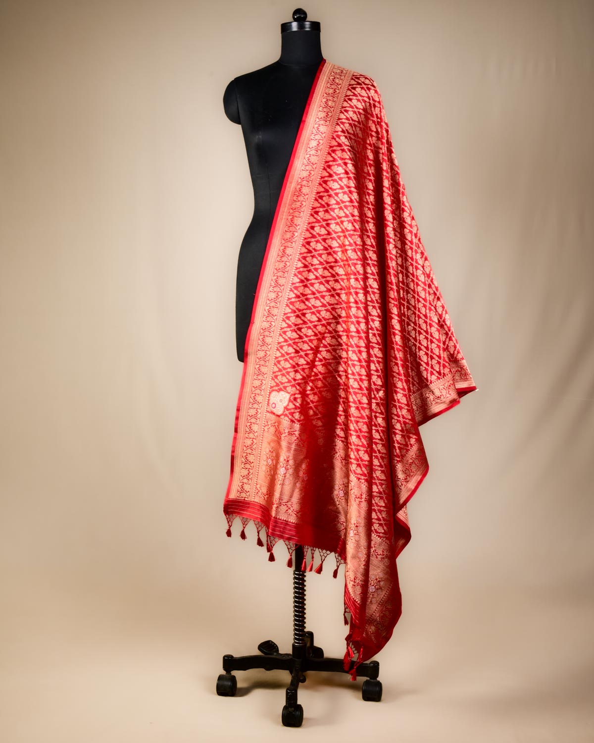 Red Banarasi Gold Zari Jangla Cutwork Brocade Handwoven Katan Silk Dupatta with Koniya Buta-HolyWeaves