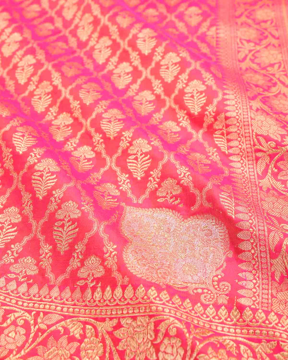 Shot Peach Banarasi Gold Zari Jangla Cutwork Brocade Handwoven Katan Silk Dupatta with Koniya Buta-HolyWeaves