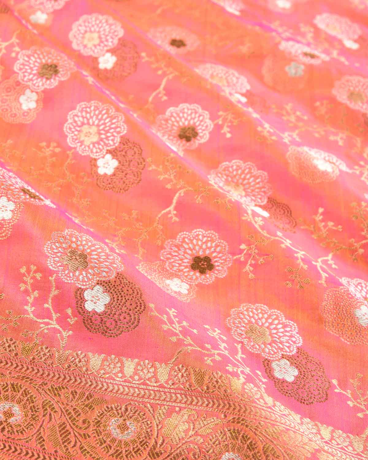 Shot Pink Banarasi Gold & Silver Zari Tehra Floral Jaal Cutwork Brocade Handwoven Katan Silk Dupatta-HolyWeaves