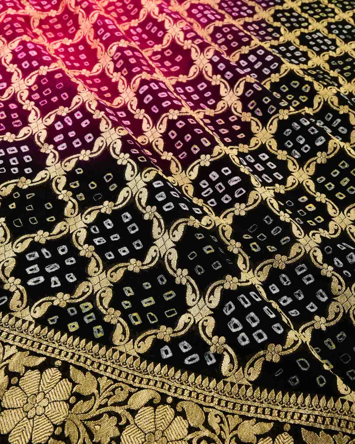 Rani Pink & Black Banarasi Gold Zari Cutwork Brocade Handwoven Khaddi Georgette Dupatta with 2-color Bandhej-HolyWeaves